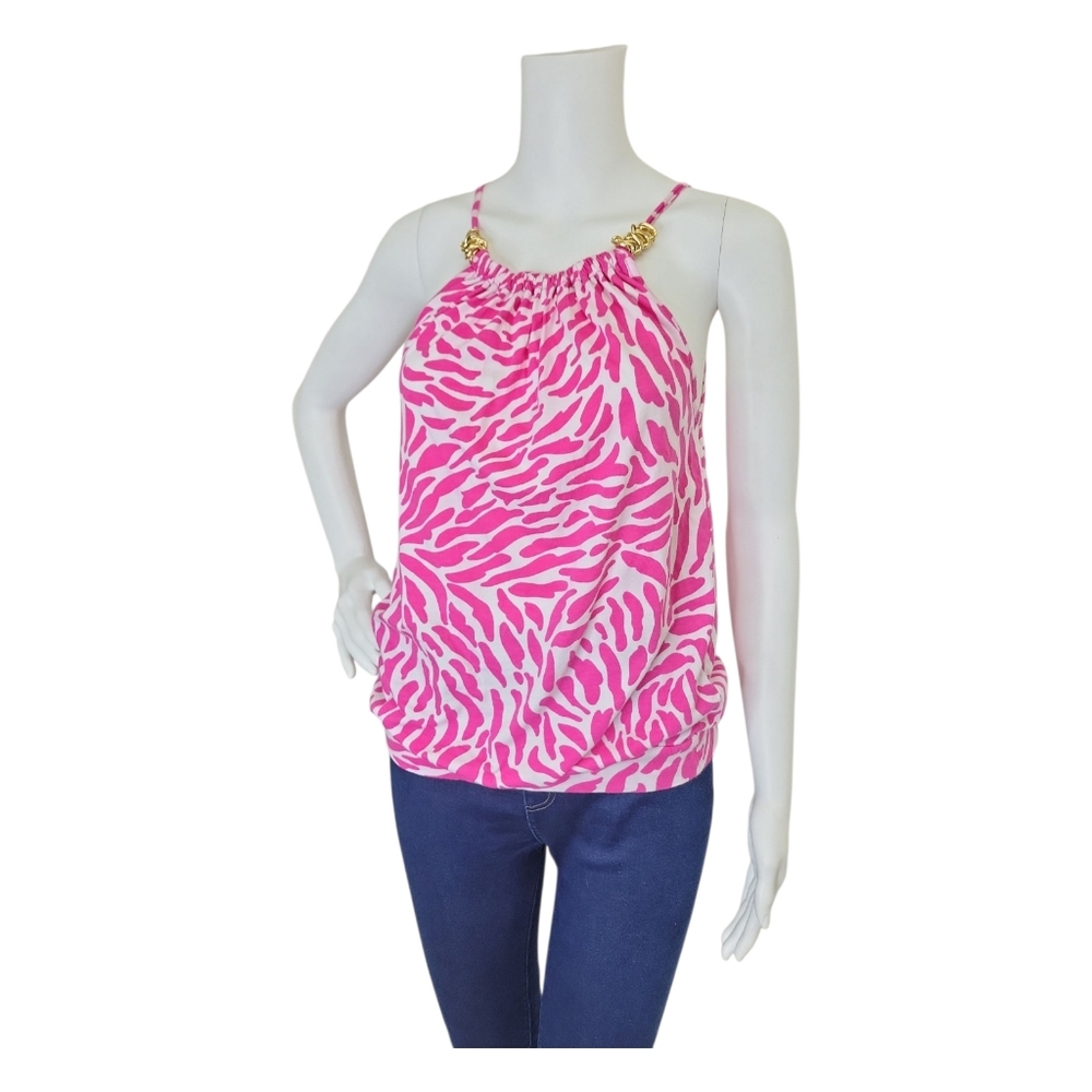 Michael Kors Pink Zebra Print Strappy Tank Top, Gold Chain Accents, XS